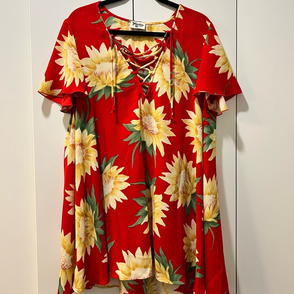 Show Me Your MuMu Red Dress with Yellow Flowers